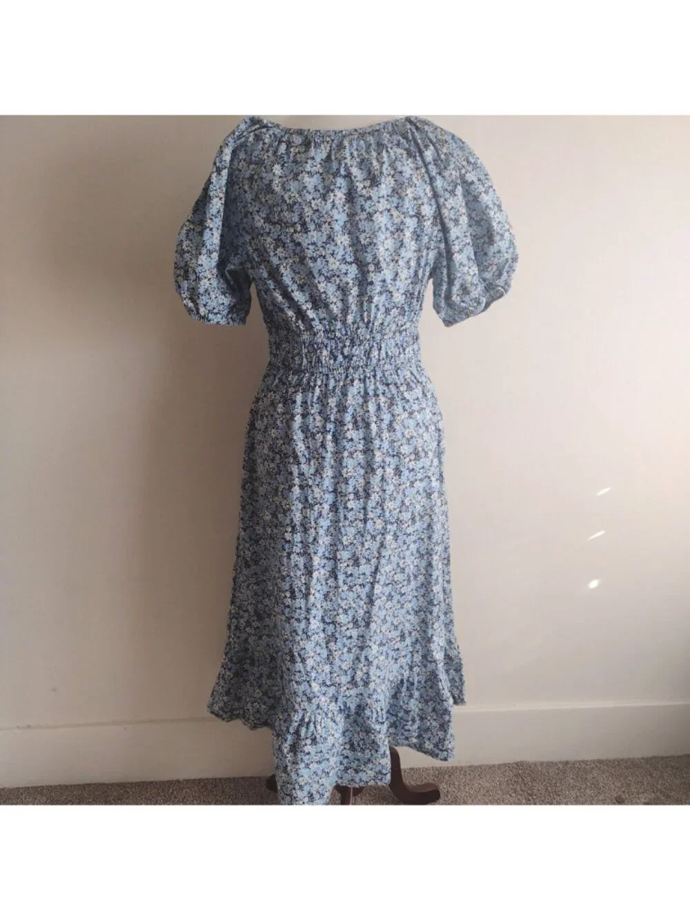 Vineyard Vines Blue Floral Dress L Cotton Puff Sleeves Midi w POCKETS - Picture 10 of 10